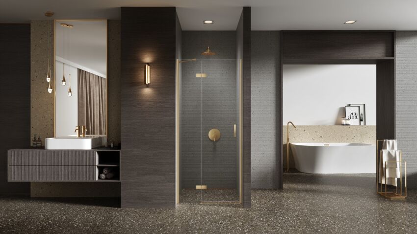 Złote szczotkowane drzwi prysznicowe NESTA GOLD BRUSHED 80 lewe D-0866A NEW TRENDY