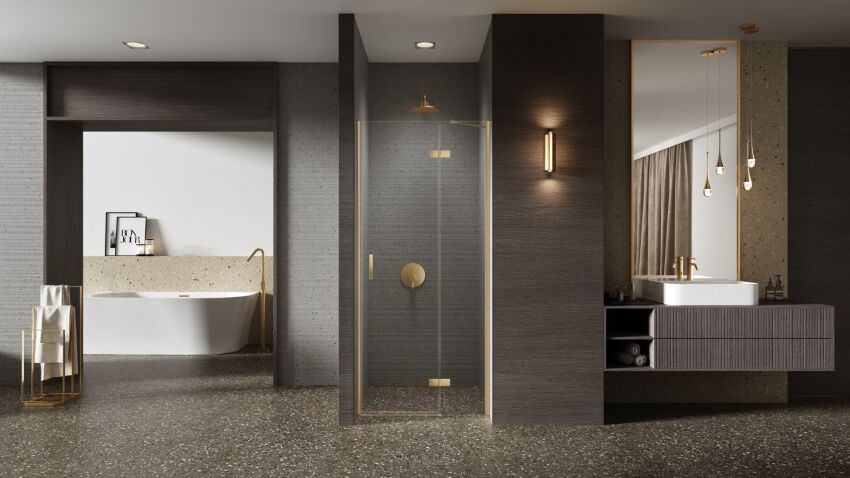 Złote szczotkowane drzwi prysznicowe NESTA GOLD BRUSHED 120 prawe D-0875A NEW TRENDY